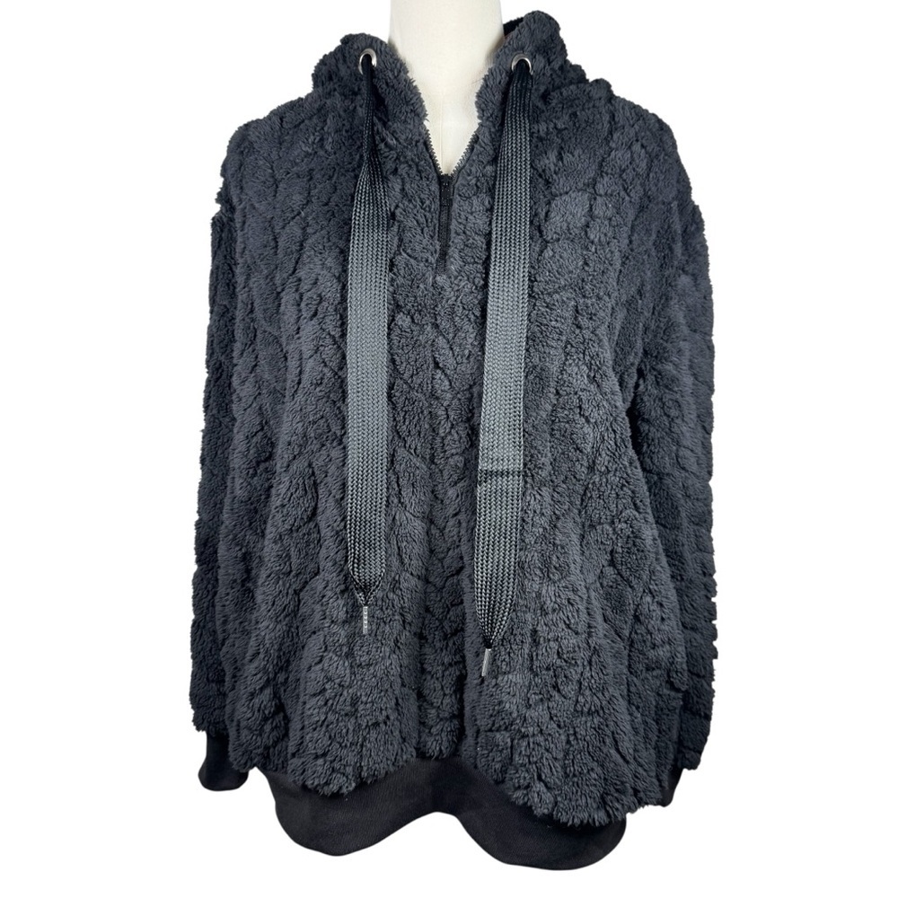 ReachMe Sherpa Fleece Hoodie Pullover Quarter Zip Black Cozy Size M New With Tag - Picture 2 of 12